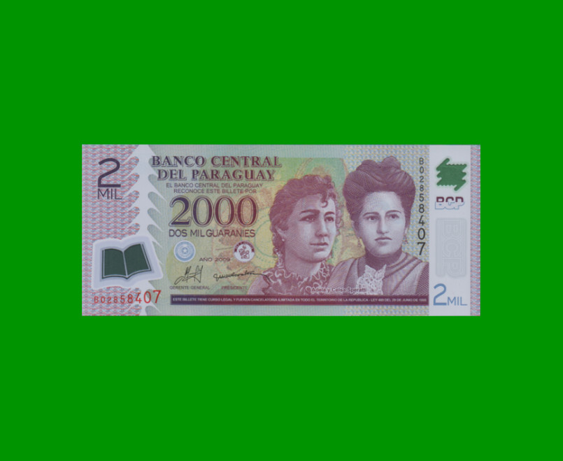 BILLETE DE PARAGUAY 2.000 GUARANIES, POLYMERO, PICK 228b, AÑO 2008, ESTADO SIN CIRCULAR.-