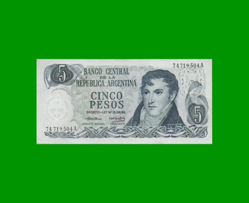 PESOS LEY 18.188 $5,00, BOT 2327, AÑO 1974, ESTADO EXCELENTE.-