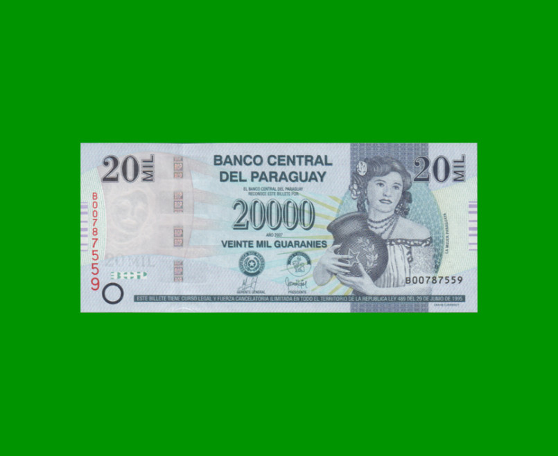 BILLETE DE PARAGUAY 20.000 GUARANIES, PICK 230a, AÑO 2007, ESTADO SIN CIRCULAR.-