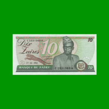 BILLETE DE ZAIRE 10 ZAIRES, PICK 27a, AÑO 1982, ESTADO SIN CIRCULAR.-