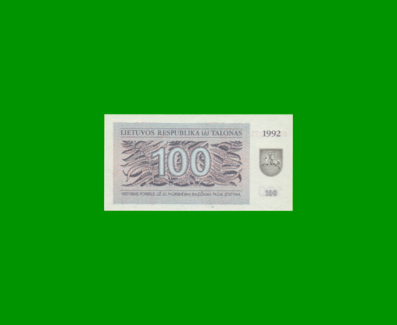 BILLETE DE LITUANIA 100 TALONAS, PICK 42, AÑO 1992 ESTADO SIN CIRCULAR.- - Imagen 2