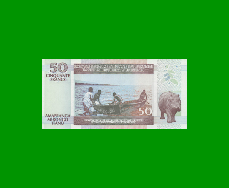 BILLETE DE BURUNDI 50 FRANCOS, PICK 36f, AÑO 2006 ESTADO SIN CIRCULAR.- - Imagen 2