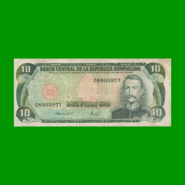 BILLETE DE REPUBLICA DOMINICANA $10,00 ORO PICK 119c, AÑO 1988 ESTADO MUY BUENO- .-