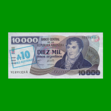 PESOS ARGENTINOS $10.000,00 RESELLADO A 10 AUSTRALES, BOT 2705, AÑO 1985, ESTADO EXCELENTE+.-