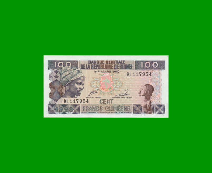 BILLETE DE GUINEA 100 FRANCOS, PICK 35a, AÑO 1998 ESTADO SIN CIRCULAR.-