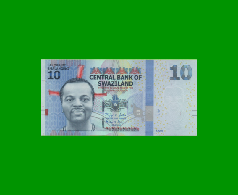 BILLETE DE SWAZILAND 10 EMALANGENI, PICK 36a, AÑO 2010 ESTADO SIN CIRCULAR.-