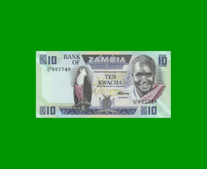 BILLETE DE ZAMBIA 10 KWACHA, PICK 26e, AÑO 1986/1988, ESTADO SIN CIRCULAR.-