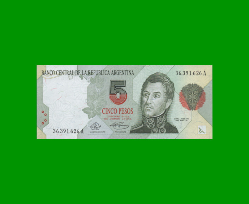 PESOS CONVERTIBLES 1er DISEÑO $5,00, BOT 3024, AÑO 1992, ESTADO SIN CIRCULAR.-