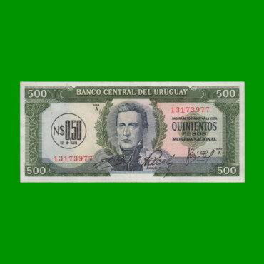 BILLETE DE URUGUAY $500 PESOS RESELLADO A 0,50 N$, PICK 54, AÑO 1975, ESTADO EXCELENTE- .-