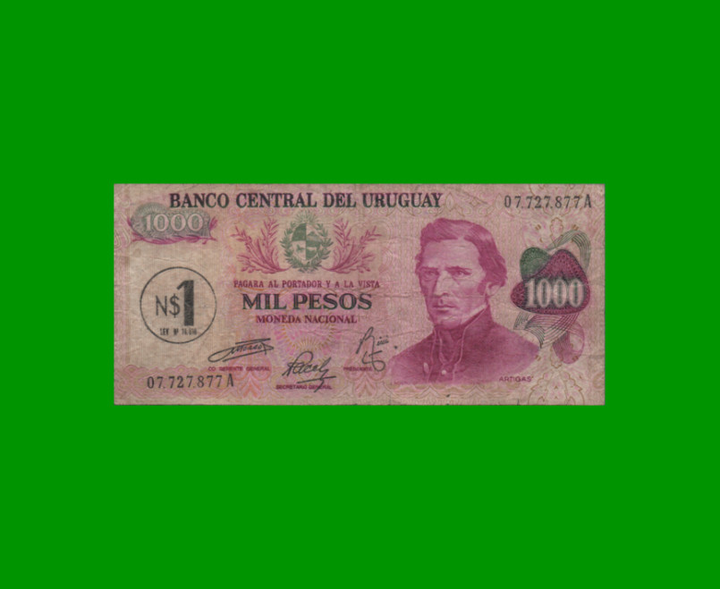 BILLETE DE URUGUAY $1.000 PESOS RESELLADO A 1 N$, PICK 56, AÑO 1975, ESTADO BUENO+.-