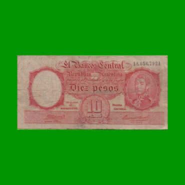 MONEDA NACIONAL $10,00, BOT 1929, FIRMA ROJA, AÑO 1944, ESTADO BUENO.-
