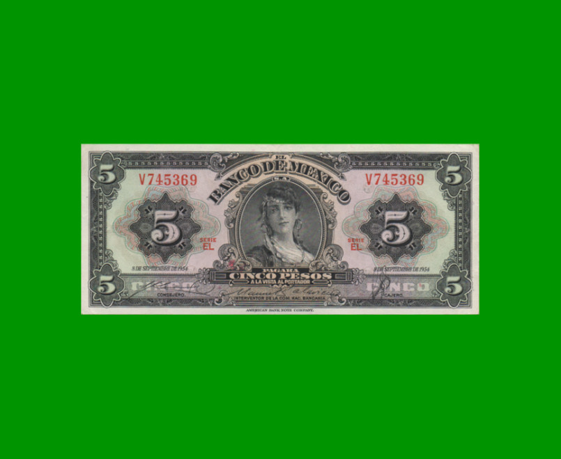 BILLETE DE MEXICO $5,00 PICK 57c, AÑO 1954, ESTADO EXCELENTE.-