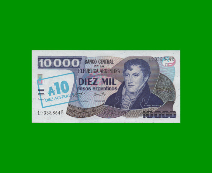 PESOS ARGENTINOS $10.000,00 RESELLADO A 10 AUSTRALES, BOT 2707, AÑO 1985, ESTADO EXCELENTE+.-