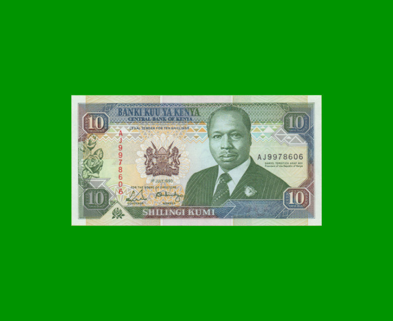 BILLETE DE KENYA 10 SHILINGI,  PICK 24b, AÑO 1990 ESTADO SIN CIRCULAR.-