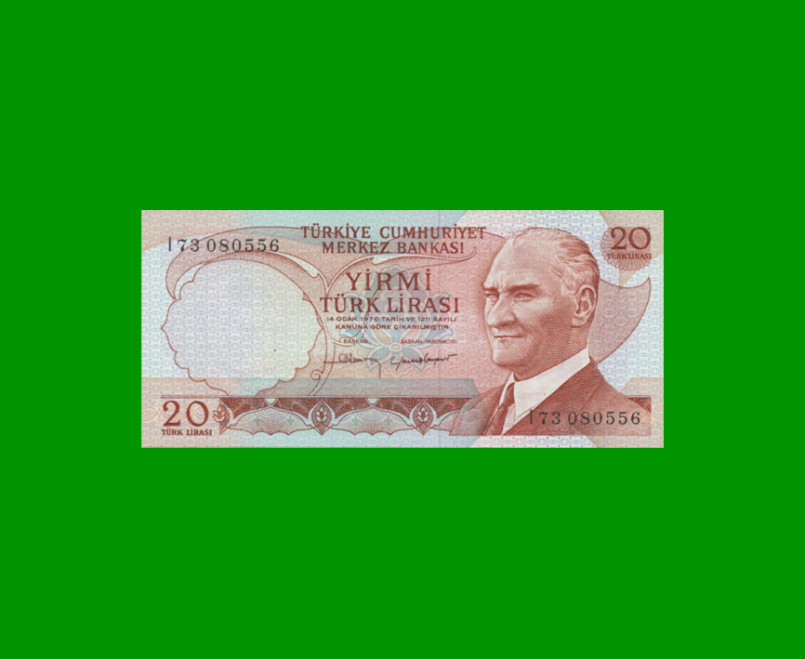 BILLETE DE TURQUIA 20 LIRAS, PICK 187b, AÑO L. 1970 (1974), ESTADO SIN CIRCULAR.-