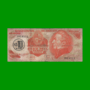BILLETE DE URUGUAY $10.000 PESOS RESELLADO A 10 N$, PICK 58, AÑO 1975, ESTADO BUENO.-
