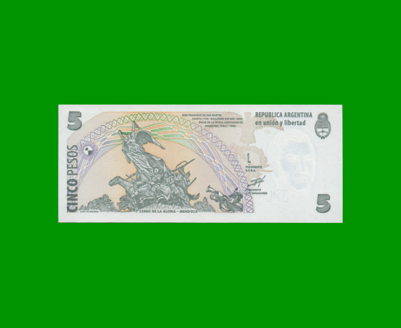 PESOS CONVERTIBLES 2do DISEÑO $5,00, BOT 3302, AÑO 1999, ESTADO SIN CIRCULAR.- - Imagen 2