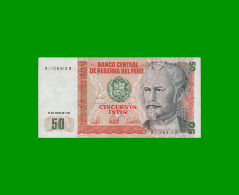 BILLETE DE PERU 50 INTIS, PICK 131b, AÑO 1987, ESTADO SIN CIRCULAR.-