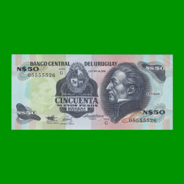 BILLETE DE URUGUAY $50,00 N$ PICK 61A, AÑO 1989, SERIE G, ESTADO EXCELENTE+.-