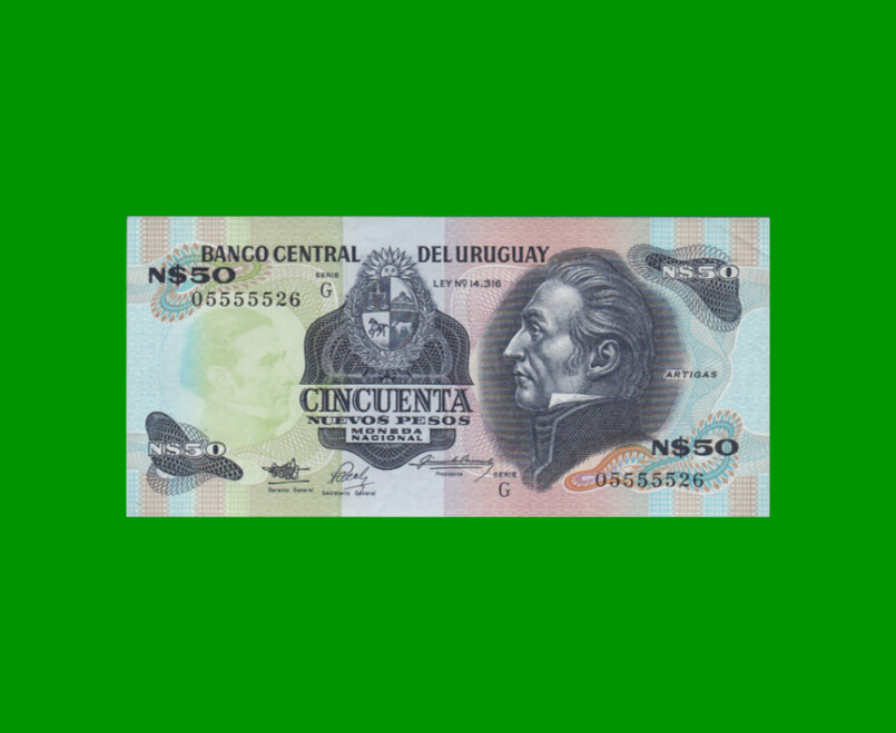 BILLETE DE URUGUAY $50,00 N$ PICK 61A, AÑO 1989, SERIE G, ESTADO EXCELENTE+.-