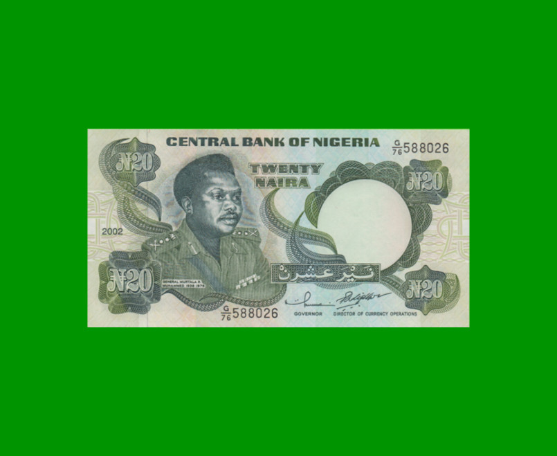 BILLETE DE NIGERIA 20 NAIRA, PICK 26g, AÑO 2002 ESTADO SIN CIRCULAR.-