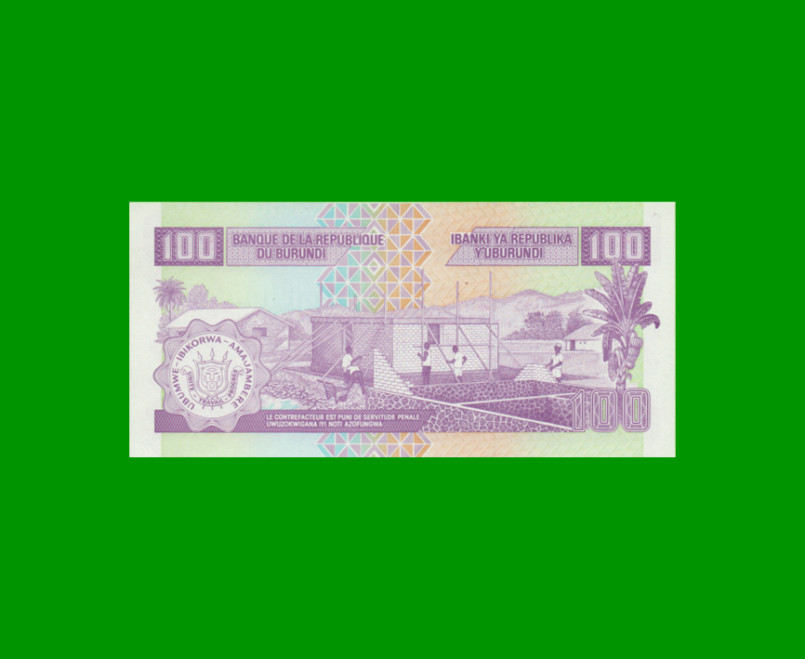 BILLETE DE BURUNDI 100 FRANCOS, PICK 37f, AÑO 2007 ESTADO SIN CIRCULAR.- - Imagen 2