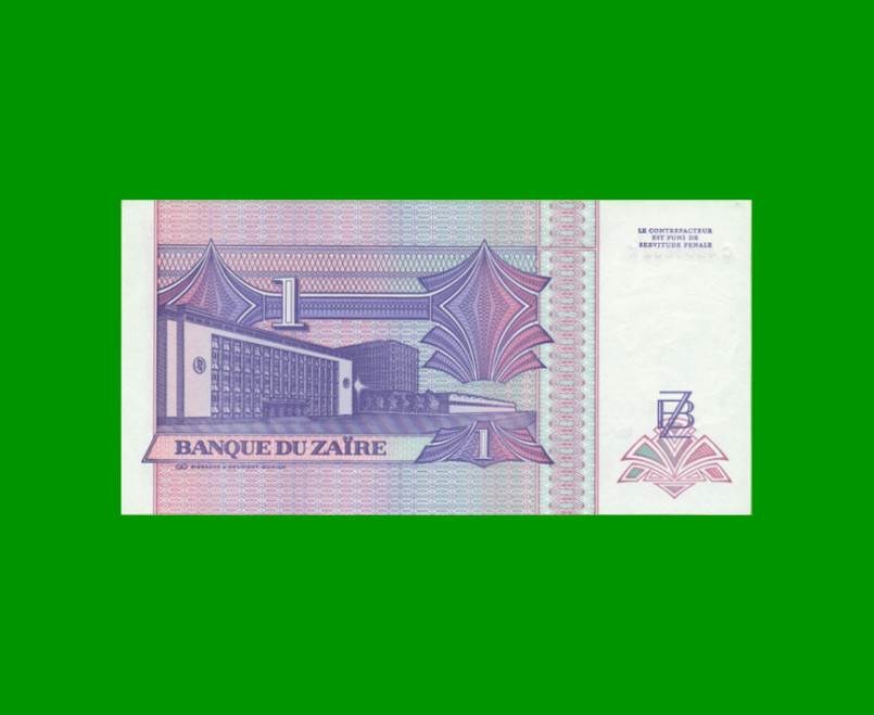 BILLETE DE ZAIRE 1 NUEVO ZAIRE, PICK 52a, AÑO 1993, ESTADO EXCELENTE+ .- - Imagen 2