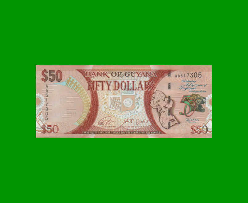 BILLETE DE GUYANA 50 DOLARES CONMEMORATIVO PICK 41, AÑO 2016 ESTADO SIN CIRCULAR.-