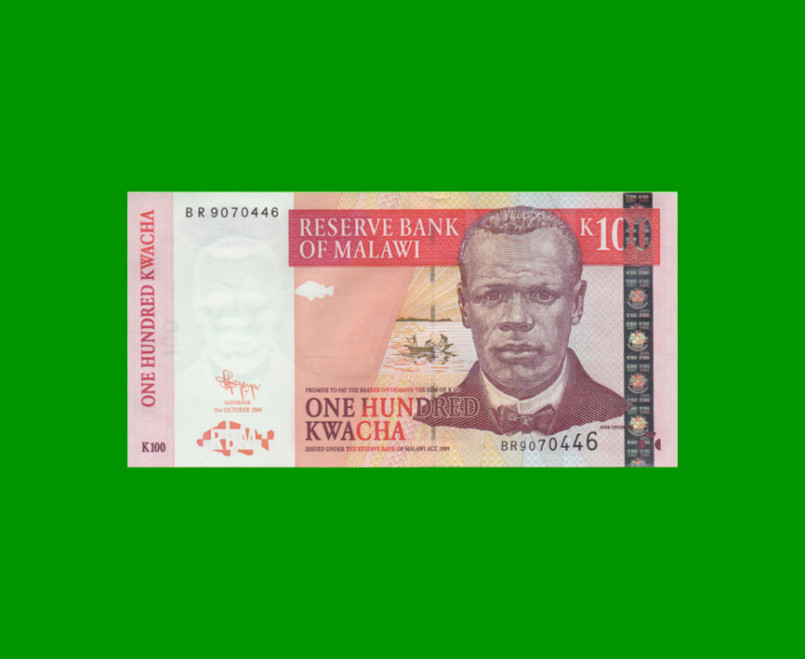 BILLETE DE MALAWI 100 KWACHA, PICK 54b, AÑO 2009 ESTADO SIN CIRCULAR.-