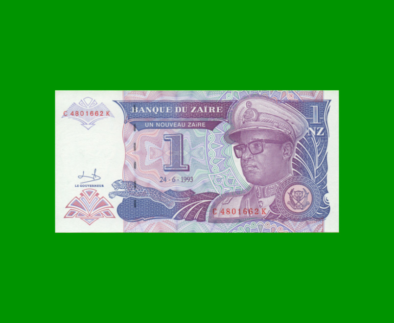 BILLETE DE ZAIRE 1 NUEVO ZAIRE, PICK 52a, AÑO 1993, ESTADO EXCELENTE+ .-