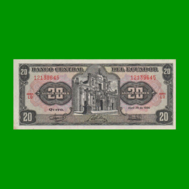 BILLETE DE ECUADOR 20 SUCRES PICK 121Aa, AÑO 1986 ESTADO EXCELENTE.-
