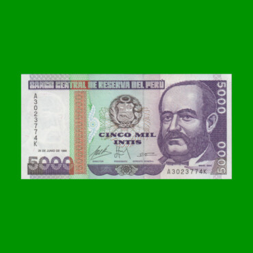 BILLETE DE PERU 5.000 INTIS, PICK 138, AÑO 1988, ESTADO SIN CIRCULAR.-