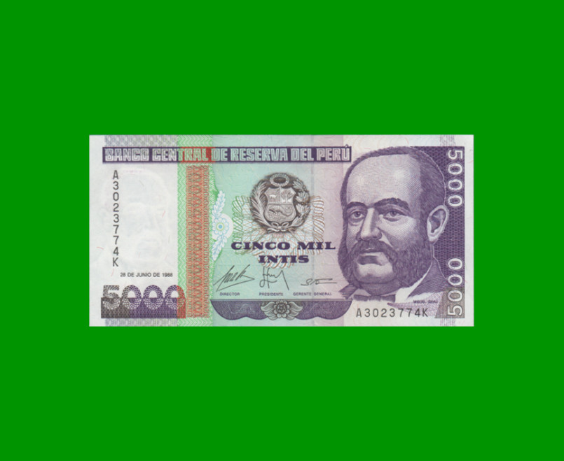 BILLETE DE PERU 5.000 INTIS, PICK 138, AÑO 1988, ESTADO SIN CIRCULAR.-