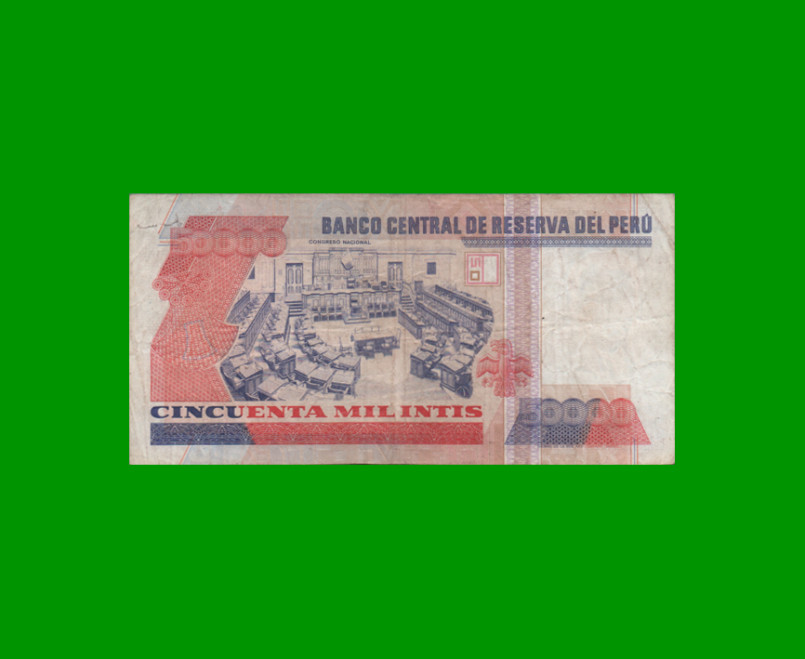 BILLETE DE PERU 50.000 INTIS, PICK 143, AÑO 1988, ESTADO MUY BUENO- .- - Imagen 2