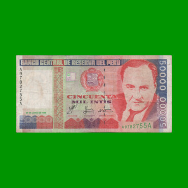 BILLETE DE PERU 50.000 INTIS, PICK 143, AÑO 1988, ESTADO MUY BUENO- .-