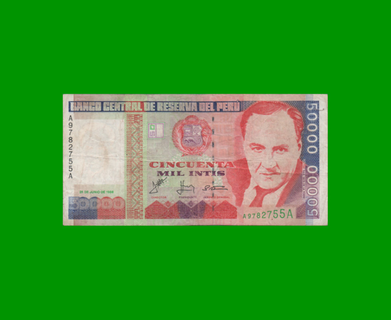 BILLETE DE PERU 50.000 INTIS, PICK 143, AÑO 1988, ESTADO MUY BUENO- .-