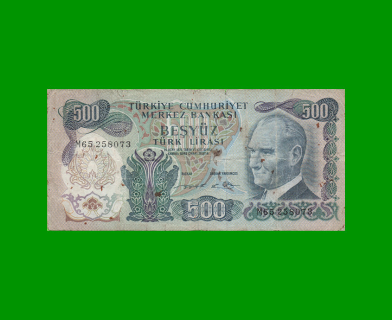 BILLETE DE TURQUIA 500 LIRAS, PICK 190d, AÑO L. 1970 (1971), ESTADO BUENO.-