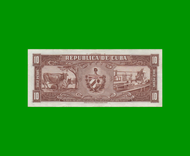 BILLETE DE CUBA $10,00 PICK 88c, AÑO 1960, ESTADO MUY BUENO+.- - Imagen 2