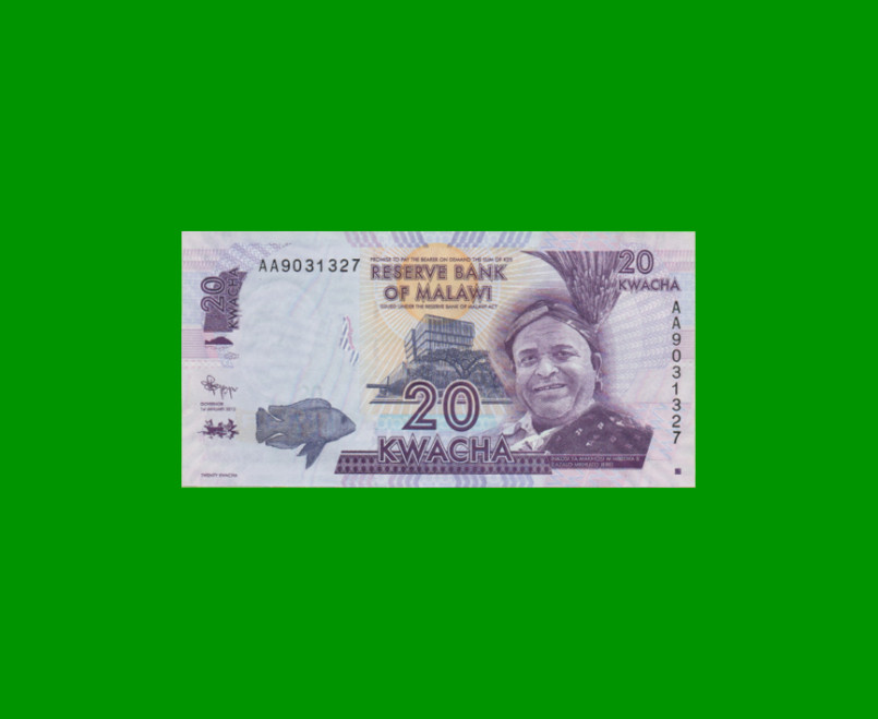 BILLETE DE MALAWI 20 KWACHA, PICK 57a, AÑO 2012 ESTADO SIN CIRCULAR.-