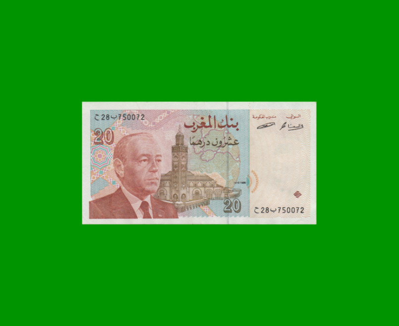 BILLETE DE MARRUECOS 20 DIRHAMS, PICK 67a, AÑO 1996, ESTADO MUY BUENO+ .-