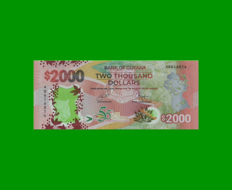 BILLETE DE GUYANA 2.000 DOLARES CONMEMORATIVO, POLYMERO, PICK NEW, ESTADO SIN CIRCULAR.-