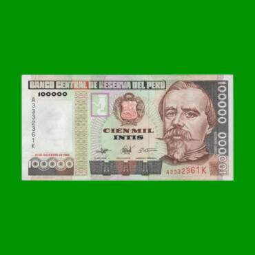 BILLETE DE PERU 100.000 INTIS, PICK 145, AÑO 1989, ESTADO EXCELENTE+.-