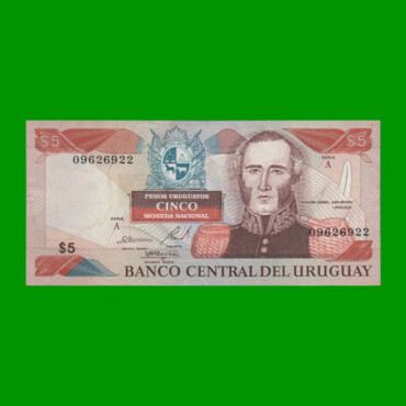 BILLETE DE URUGUAY $5,00 PICK 73A, AÑO 1997, SERIE A, ESTADO MUY BUENO+.-