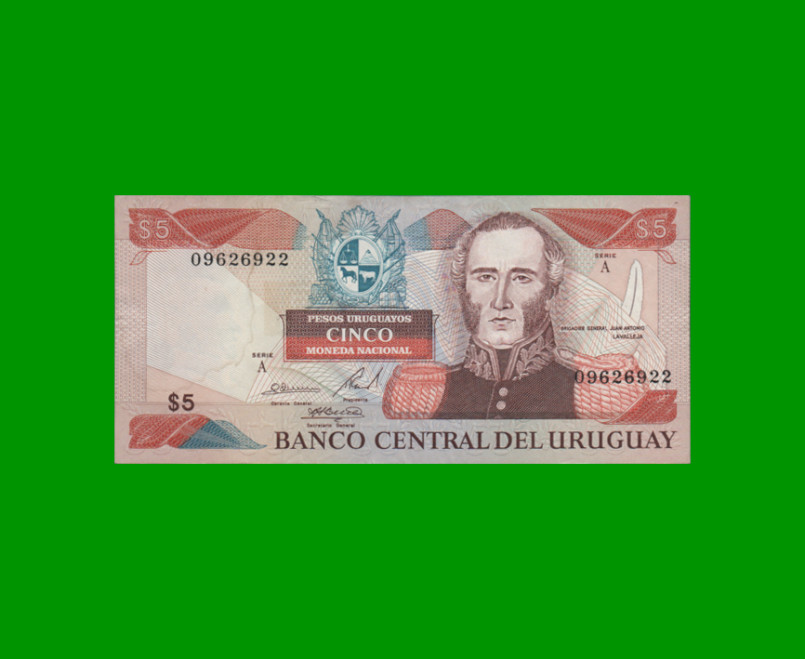 BILLETE DE URUGUAY $5,00 PICK 73A, AÑO 1997, SERIE A, ESTADO MUY BUENO+.-