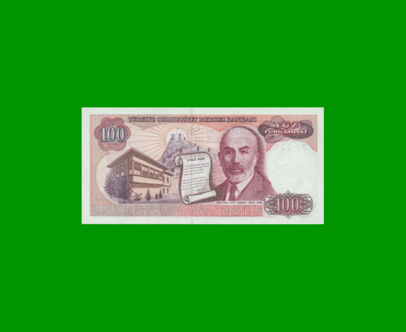 BILLETE DE TURQUIA 100 LIRAS, PICK 194a, AÑO L. 1970 (1984), ESTADO SIN CIRCULAR.- - Imagen 2