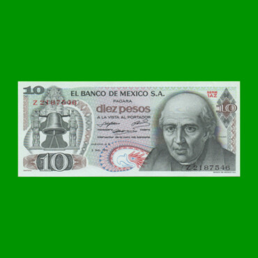 BILLETE DE MEXICO $10,00 PICK 63d, AÑO 1971, ESTADO EXCELENTE+.-