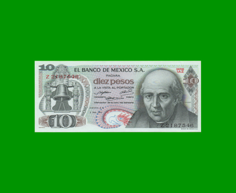 BILLETE DE MEXICO $10,00 PICK 63d, AÑO 1971, ESTADO EXCELENTE+.-