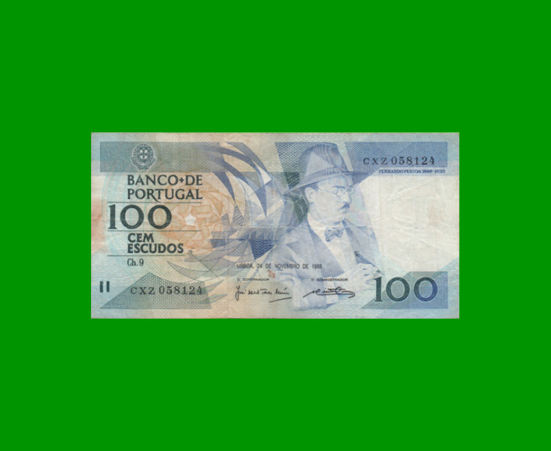 BILLETE DE PORTUGAL 100 ESCUDOS, PICK 179f, AÑO 1988 ESTADO MUY BUENO+.-