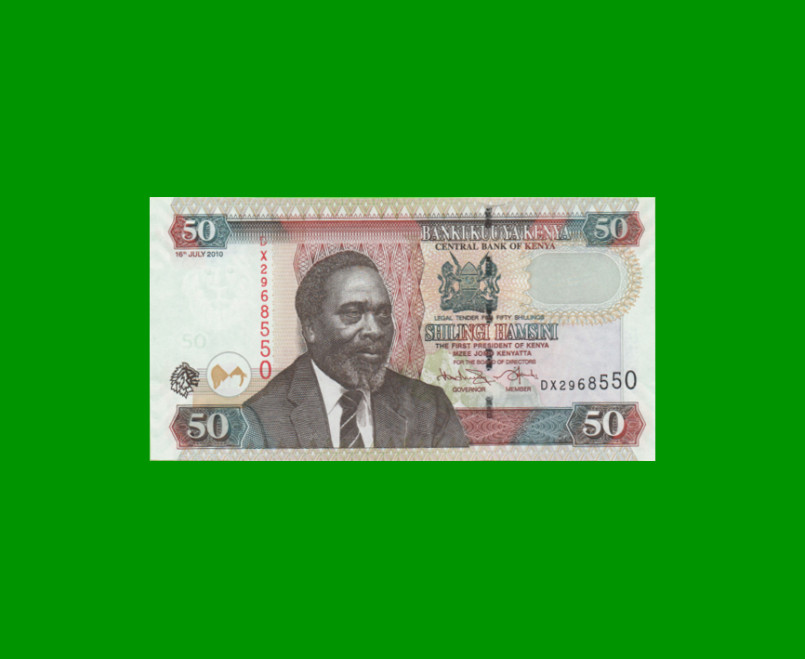 BILLETE DE KENYA 50 SHILINGI,  PICK 47e, AÑO 2010 ESTADO SIN CIRCULAR.-