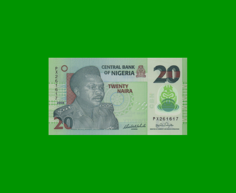 BILLETE DE NIGERIA 20 NAIRA, POLYMERO, PICK 34d AÑO 2008 ESTADO SIN CIRCULAR.-